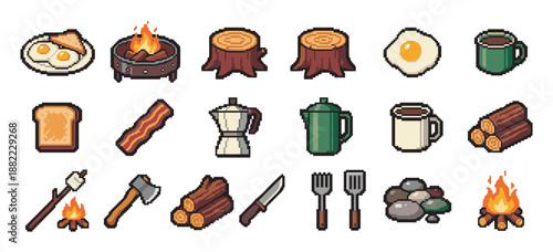 Detailed set of pixel art camping icons featuring a campfire, breakfast food like eggs and bacon, coffee, an axe, and logs, designed in a retro 8-bit video game style
