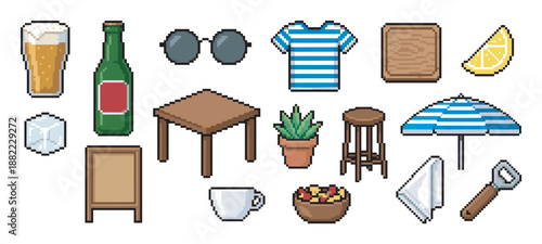 Pixel art icon set of summer cafe and bar items featuring a beer glass, bottle, table, sunglasses, and a striped umbrella, designed in a classic 8-bit retro video game aesthetic