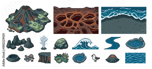 Pixel art game asset set featuring a volcanic island, ocean waves, rocks, a river, and other natural environment elements for creating a retro-style 2D video game world