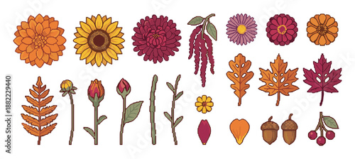 Pixel art autumn botanical elements including sunflowers, chrysanthemums, oak leaves, and acorns in a warm color palette, creating a charming and nostalgic seasonal design