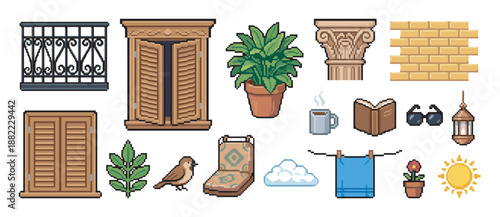 Collection of pixel art icons featuring cozy home and balcony elements like a window, plant, bird, and book for a retro video game aesthetic