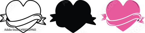 Heart with Ribbon Outline Silhouette and Pink Color hearts shape