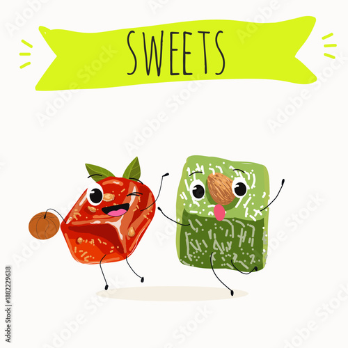 Funny Characters pumpkin dessert, rahat lukum. Hand drawn vector illustration.