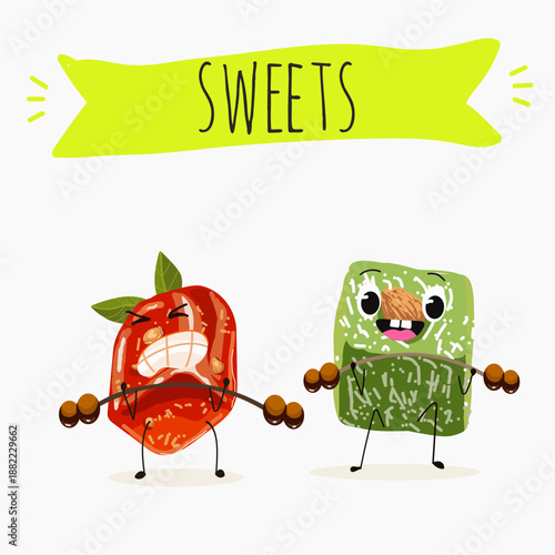 Funny Characters pumpkin dessert, rahat lukum. Hand drawn vector illustration.