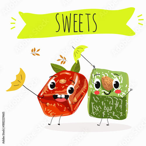 Funny Characters pumpkin dessert, rahat lukum. Hand drawn vector illustration.