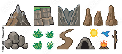 Collection of pixel art game assets for creating outdoor adventure scenes, including a mountain, cave, campfire, path, rocks, plants, sun, and bird in a retro 8-bit style