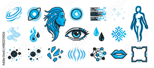 Set of blue and black futuristic pixel art icons and symbols in a cyberpunk style, featuring a human face, eye, galaxy, planet, and abstract technological elements