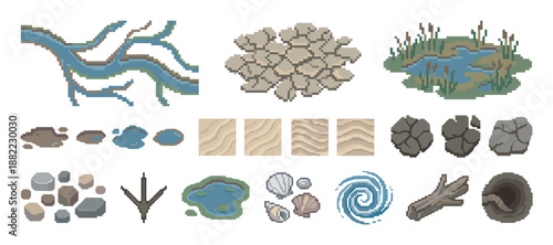 Pixel art game asset collection of natural elements including a river, pond with reeds, stones, sand textures, and other environmental sprites