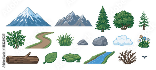 Pixel art nature elements set collection featuring mountains, trees, a river, path, rocks, and plants in a retro 8-bit video game style for landscape creation