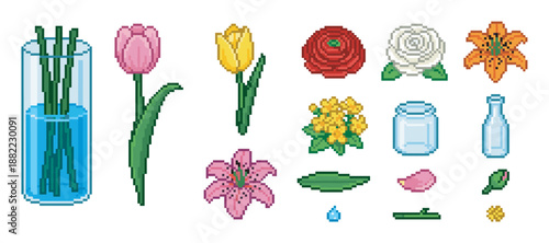 Pixel art set of various flowers including tulips, lilies, and roses with glass vases and jars for creating a retro video game style bouquet or floral arrangement