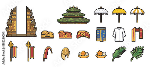 Collection of Balinese cultural icons in pixel art style, featuring a temple gate, offerings, traditional clothing, and ceremonial decorations for a retro video game asset pack