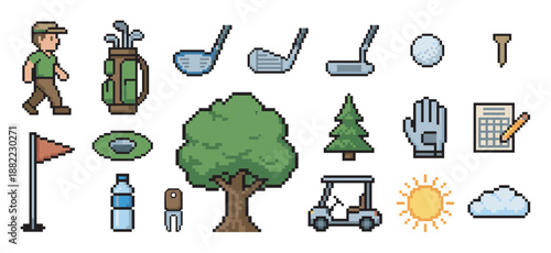 Collection of golf-themed pixel art icons including a golfer, clubs, ball, cart, and course elements in a retro 8-bit video game style