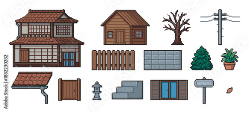 Set of pixel art game assets featuring a traditional Japanese house, wooden shed, fence, trees, and other environmental objects for creating a retro video game scene