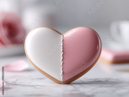 Pink and white heart shaped Valentine's Day cookie with glossy mirror glaze