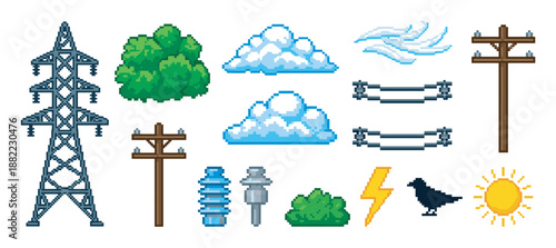 Pixel art collection of electricity and nature elements including a transmission tower, utility poles, insulators, clouds, sun, and a bird for retro video game design projects
