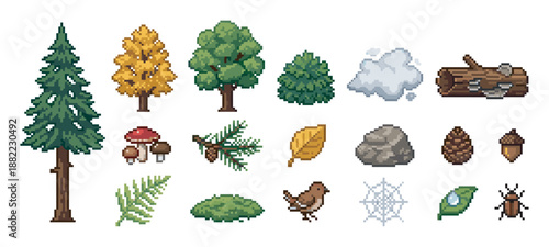 Pixel art collection of various forest elements including a pine tree, deciduous tree, mushroom, acorn, bird, and bug in a classic 8-bit retro video game style