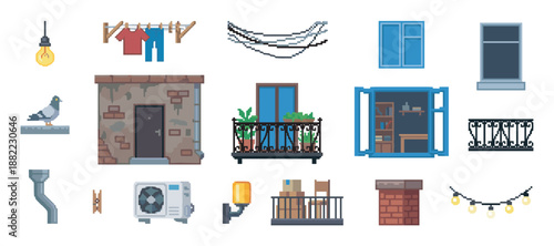 Collection of pixel art building elements featuring a balcony, window, pigeon, air conditioner, and other urban objects for a retro video game design or digital illustration