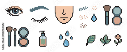Collection of pixel art beauty icons showing makeup, skincare products, and botanical elements in a minimalist, retro 8-bit video game graphic style