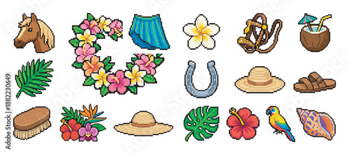 Collection of pixel art icons featuring tropical and equestrian themed objects like a horse, flowers, a hat, and a coconut drink in a retro 8-bit video game style illustration