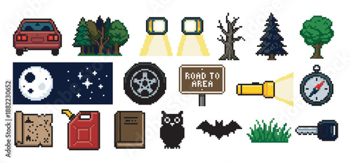 Pixel art icon set for a spooky night road trip adventure, featuring a car, forest, moon, and compass in a retro 8-bit video game style for creative design