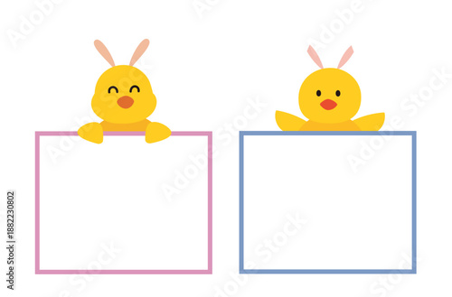 Cute Yellow Chick Holding Blank Sign Flat Vector Illustration Set.
Adorable Baby Chick with Empty Frame Message Board Clipart.
Easter Chick Cartoon with Blank Text Box Flat Vector Design.
Transparent 