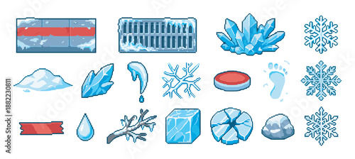 Pixel art winter game assets collection featuring ice crystals, snowflakes, snow piles, and other frozen elements for a video game user interface or level design