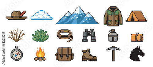 Pixel art camping and hiking equipment icons featuring a tent, backpack, compass, campfire, and mountain range in a retro 8-bit video game aesthetic for adventure concepts