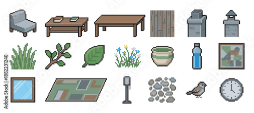 Large collection of pixel art assets for video game development, including furniture, nature elements, and various household objects in a retro 8-bit sprite style