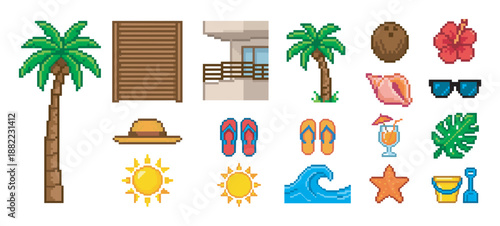 Pixel art summer beach vacation icons featuring a tropical palm tree, sun, coconut, hibiscus, and flip-flops in a retro 8-bit video game style