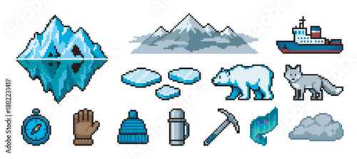 Set of pixel art icons featuring arctic animals and expedition gear like a polar bear, fox, iceberg, ship, and compass for a retro video game design