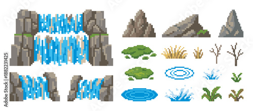 Collection of 8-bit pixel art sprites for a video game, featuring environmental objects like a cascading waterfall, stones, grass, trees, and various water animations