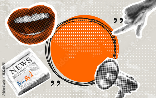 Halftone Collage with Hand showing speech bubble. Megaphone with message and newspaper. Online news, hot news. Halftone lips mouth hand in dotted texture vintage pop art style	
