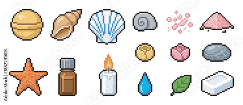 Collection of pixel art spa icons featuring a candle, soap, essential oil, seashells, and bath bomb for relaxation and aromatherapy concepts in a retro 8-bit video game style