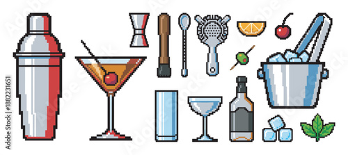 Pixel art collection of cocktail making tools and drinks, featuring a shaker, jigger, martini glass, ice bucket, bottle, and garnishes in a retro 8-bit video game style