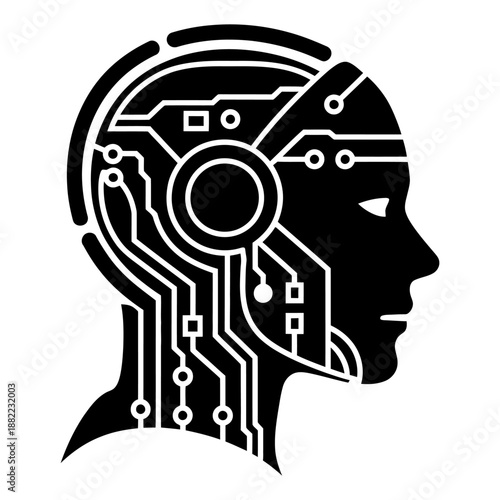 Artificial intelligence robot head silhouette with circuit board pattern concept of future technology digital brain machine learning and cybernetic human evolution design art