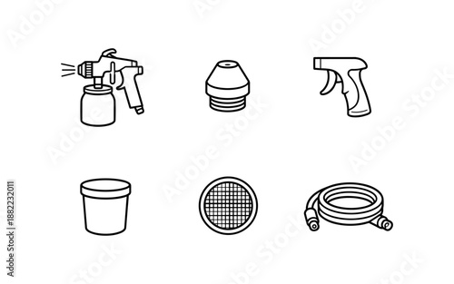 Collection of line art icons representing painting and cleaning tools and supplies