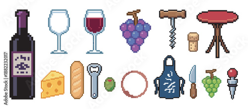 Set of pixel art wine icons including a bottle, glass, grapes, cheese, and corkscrew in a retro 8-bit video game style collection for a tasting or sommelier theme
