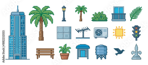 Large collection of pixelated city objects for game development, including a modern skyscraper, tropical palm trees, a bus stop, lamppost, and other urban elements