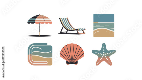 Beach holiday themed icons including sun umbrella, sun lounger, seashell, and starfish.