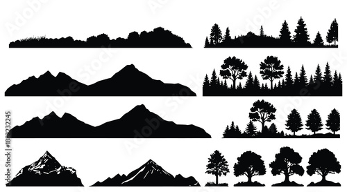 Set of vector nature silhouettes - mountains, trees, mountains and glaciers - design elements - mountain ranges, hills and forests