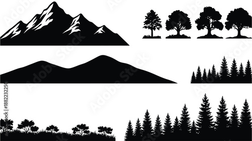 Illustration of collection of black silhouette landscape elements mountains, trees, and forests