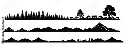Illustration of set of three black silhouette borders forest, mountains, and mixed landscape elements