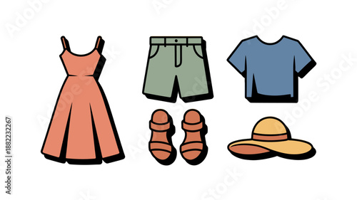 A curated collection of summer attire and accessories, presented with a modern aesthetic.