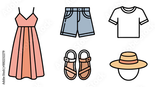 Collection of summer clothing and accessories isolated on plain background.