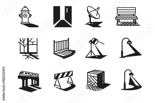 Urban icons casting dish post vector icon shadow across diagonal fire light