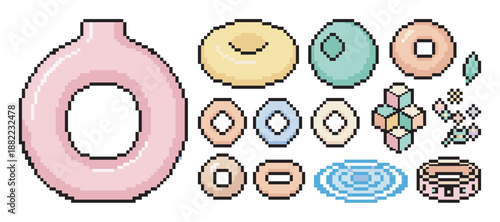 Collection of colorful pixel art objects featuring various geometric shapes like rings, donuts, and cubes in a charming retro 8-bit video game style illustration set