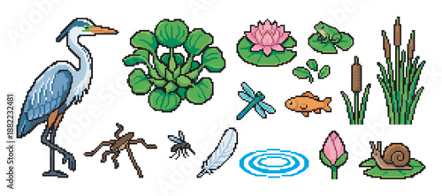 Pixel art collection of pond life icons including a heron, frog, dragonfly, and water lily in a retro 8-bit video game style for nature and wildlife graphic assets