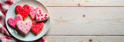 Colorful heart-shaped cookies on a stylish plate with a rustic wooden background, leaving space for text on the left