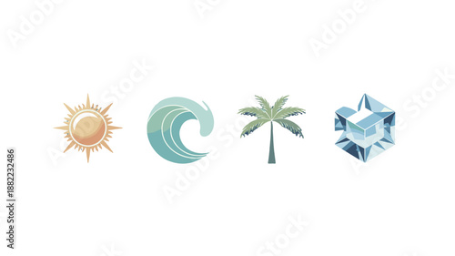 A set of simple illustrations representing elements of nature: sun, wave, palm tree and diamond. 