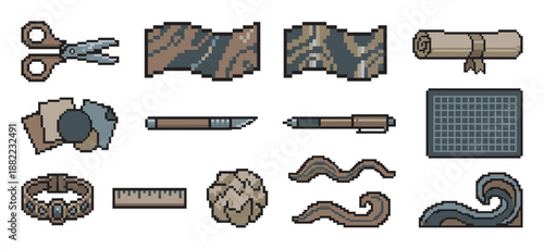 Set of pixel art craft supply icons including scissors, paper, a scroll, a pen, and a ruler in a retro 8-bit video game style for a creative project or inventory asset